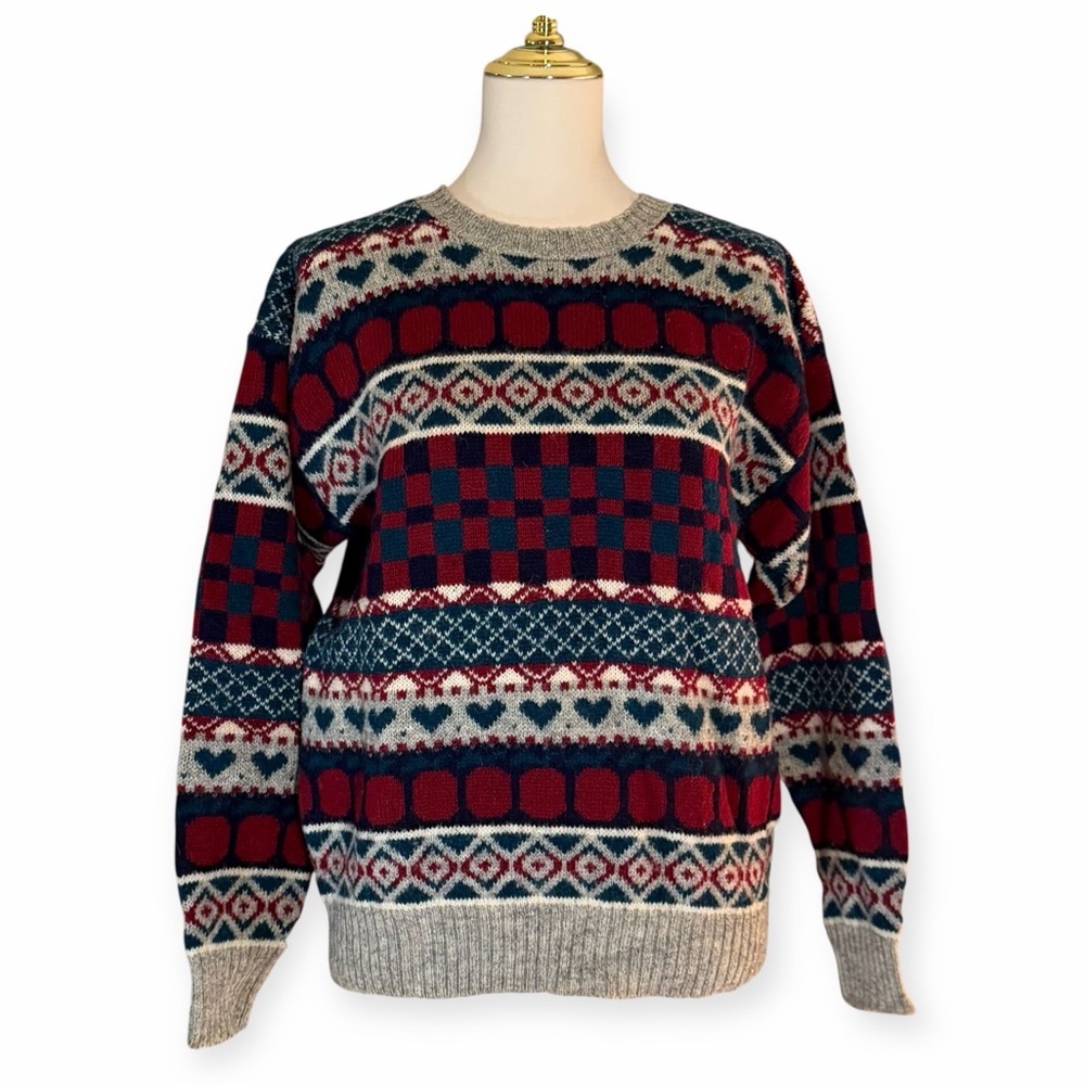 Vintage Fair Isle Wool Sweater With Heart and Checkerboard Pattern XL